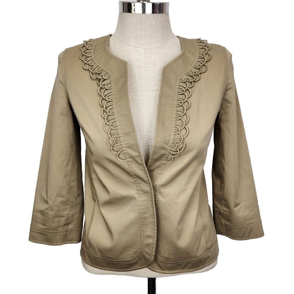 Talbots 3/4 Sleeve Jacket Womens 4 Tan Khaki Single Button Scallop Trim Cotton
